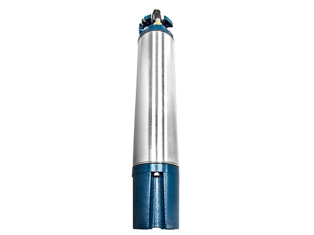 Submersible pump with metallic body and blue accents on a white background